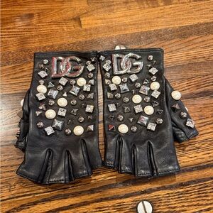 Dolce and Gabbana Embellished Black Leather Fingerless Gloves
